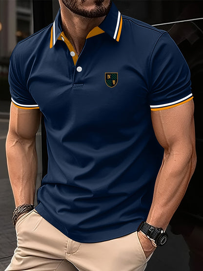 Polo para hombre estilo casual universitario con detalles en contraste y bordado – manga corta para uso diario y tiempo libre