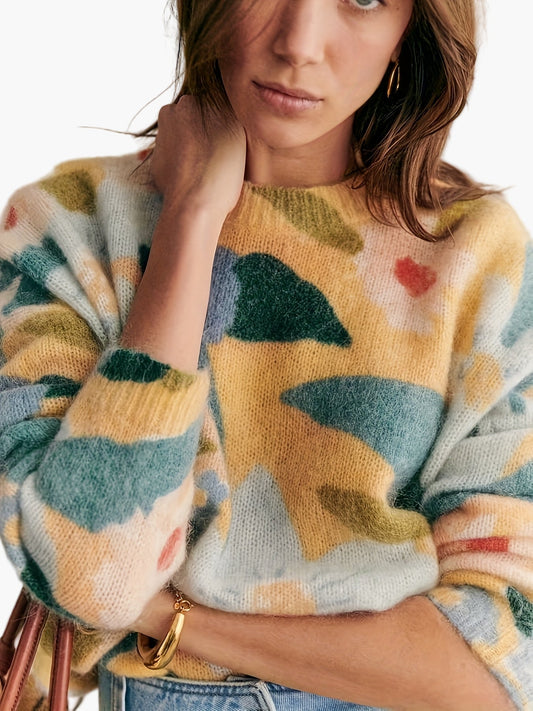 Damtröja med blommigt tryck och modernt colorblock-design – Elegant stickat för höst och vinter
