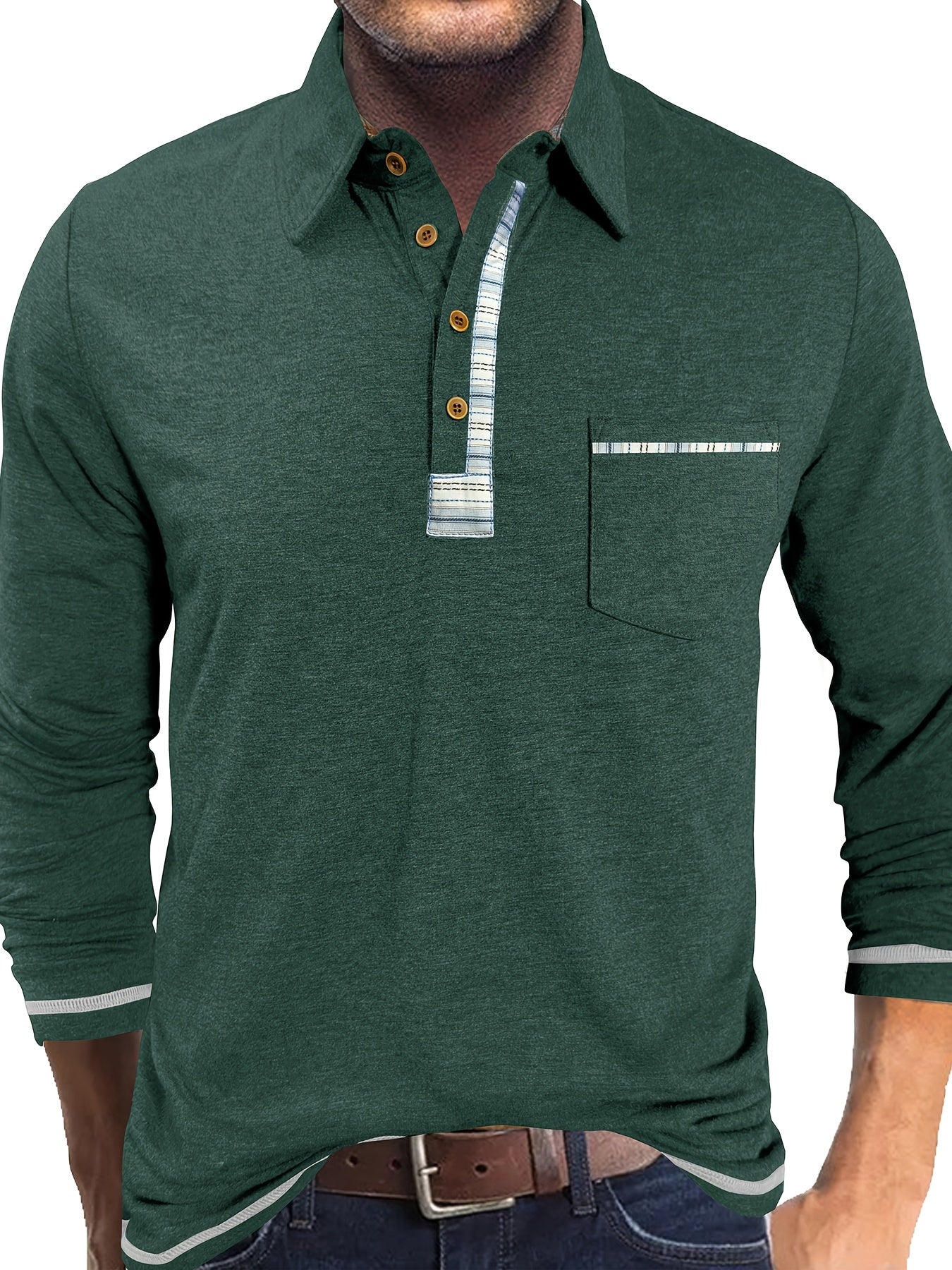 Herren Langarm Poloshirt mit Knopfleiste und Brusttasche