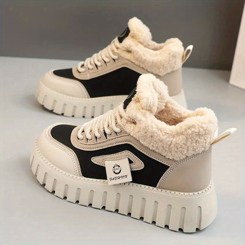 Damen Plateau Sneaker Stiefel Fütterung Schwarz Beige