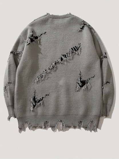 Suéter de hombre de cuello redondo con estampado y efecto desgastado beige