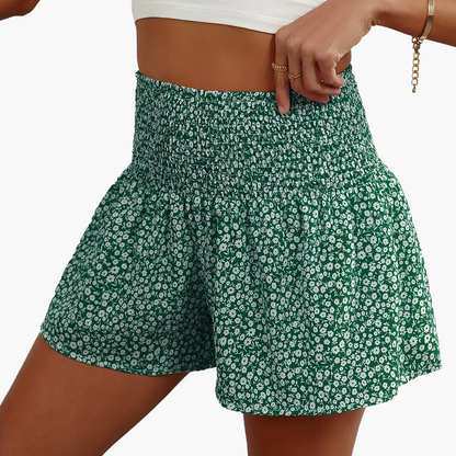 Dame sommershorts med blomsterprint og smock-midje – fritid og ferie