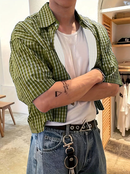 Herre kortermet oversized skjorte i rutete streetwear-stil – avslappet mote for fritid og hverdag