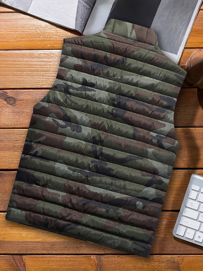 Herren Steppweste Camouflage Gemustert Stehkragen Reißverschluss