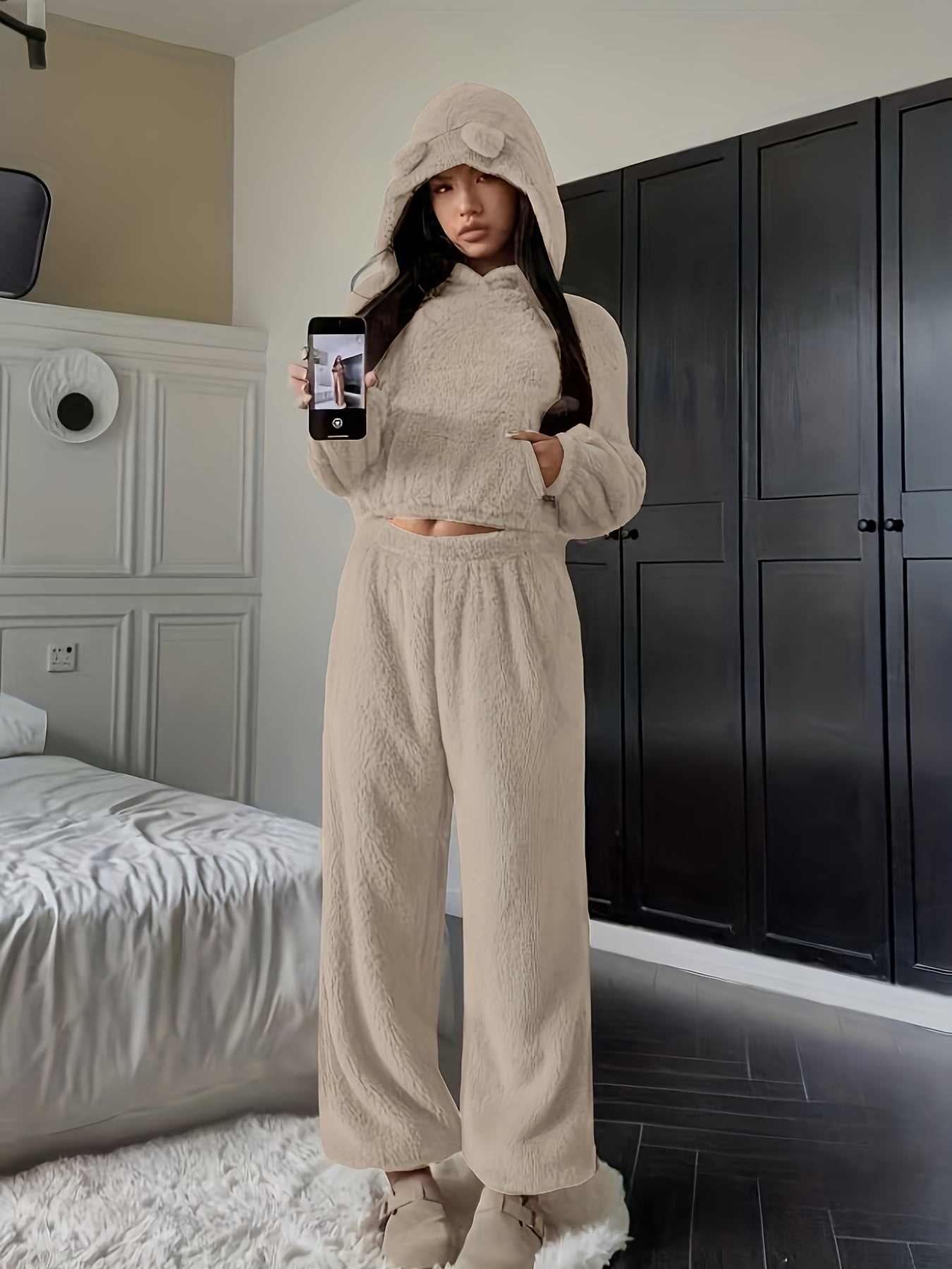 Damen Kuscheliger Fleece Pyjama Hausanzug mit Kapuze und Ohren