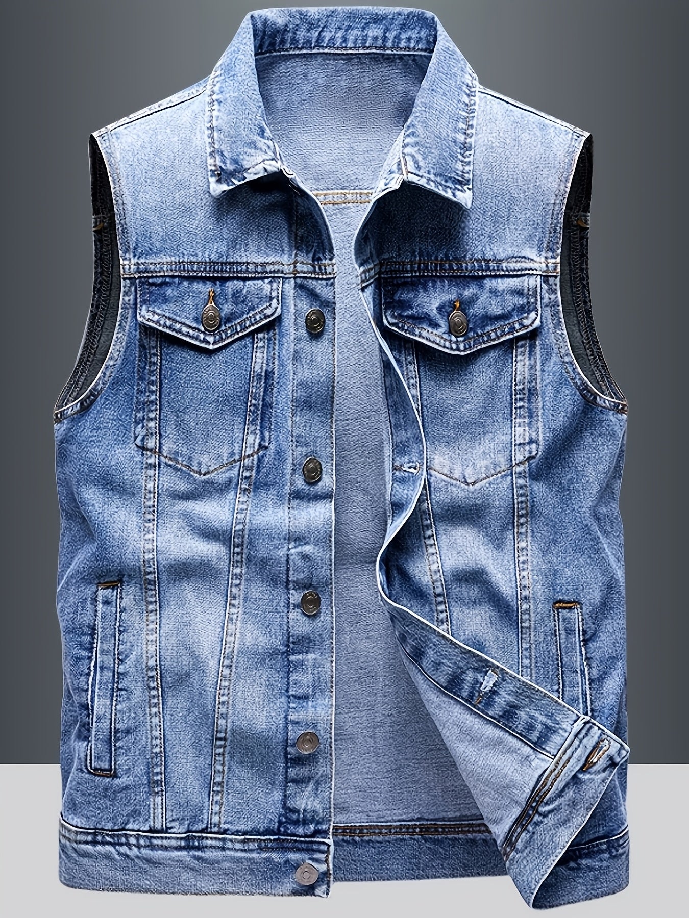 Jeans Weste Herren Denim Ärmellose Jacke Blau Knopfverschluss