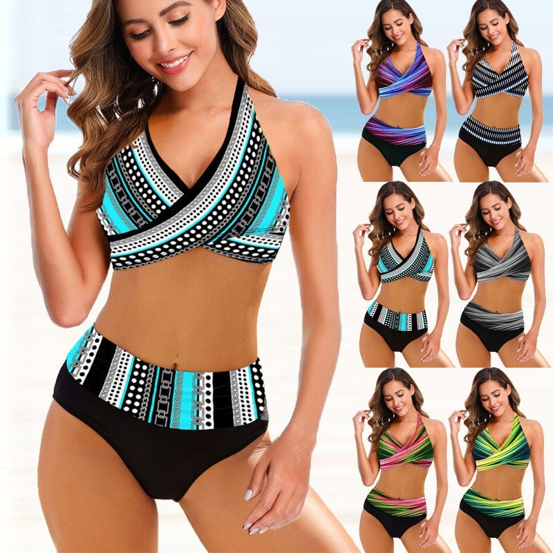 Conjunto de bikini de talle alto retro con rayas para mujer – Traje de baño sexy para playa y natación