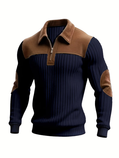 Herren Rippstrick Pullover mit Kragen, Reißverschluss und Patches