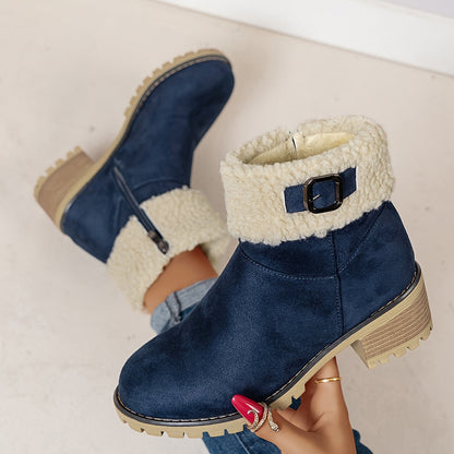 Damen Stiefeletten mit Blockabsatz, Plüschrand und Schnalle, Braun