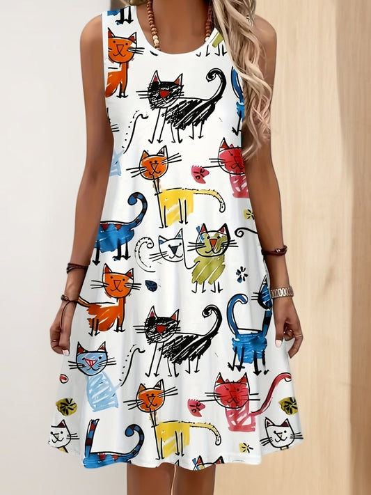 Robe décontractée femme avec motif chat – Robe d'été ludique pour le quotidien et les vacances