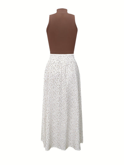 Top corto elegante senza maniche da donna con collo alto e gonna a fiori – Perfetto per primavera ed estate