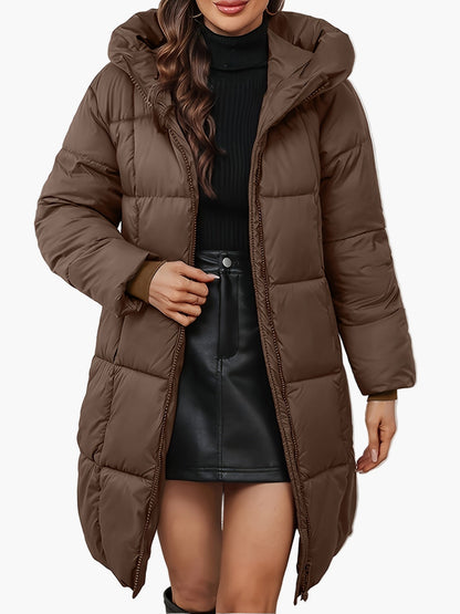 Damen Winter Steppmantel mit Kapuze – Modischer langer Wintermantel für Alltag und Freizeit