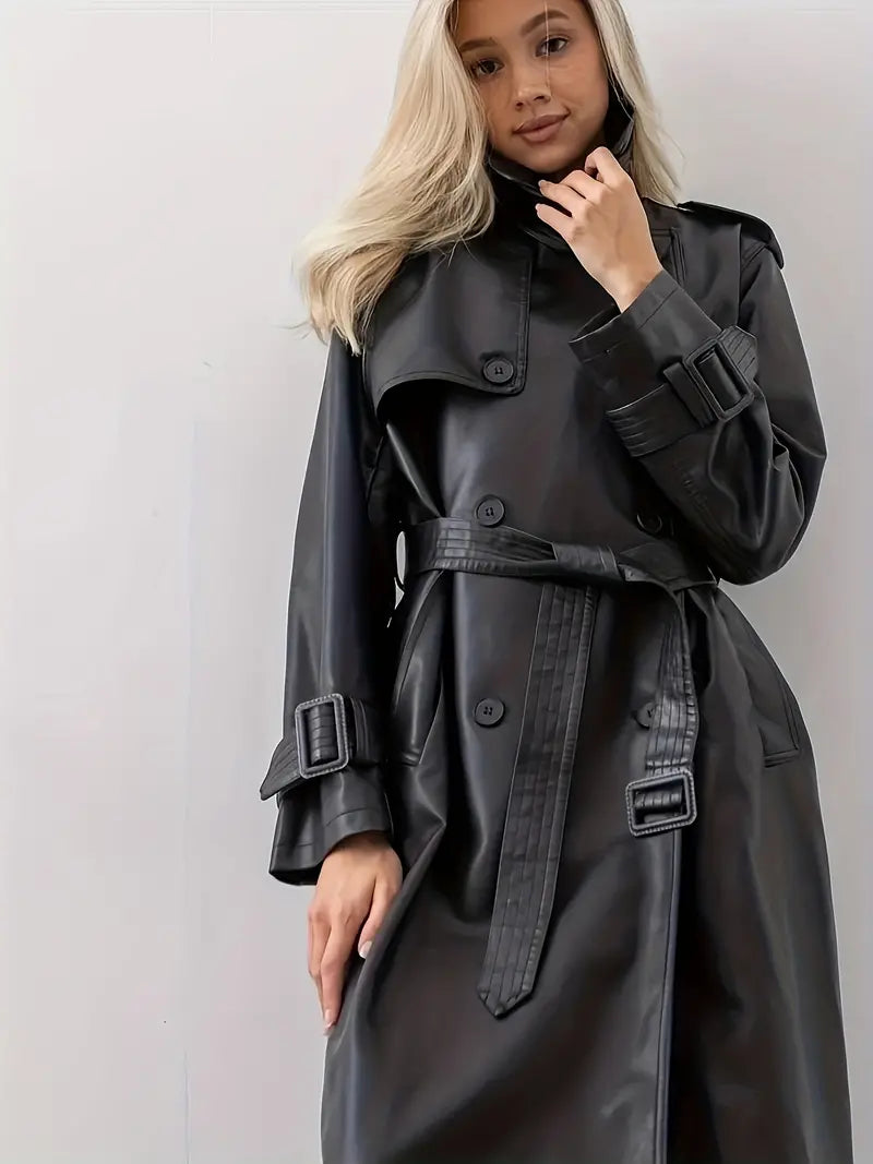 Trench-coat long pour femme – Manteau tendance avec ceinture à la taille et revers, idéal pour l'automne et l'hiver