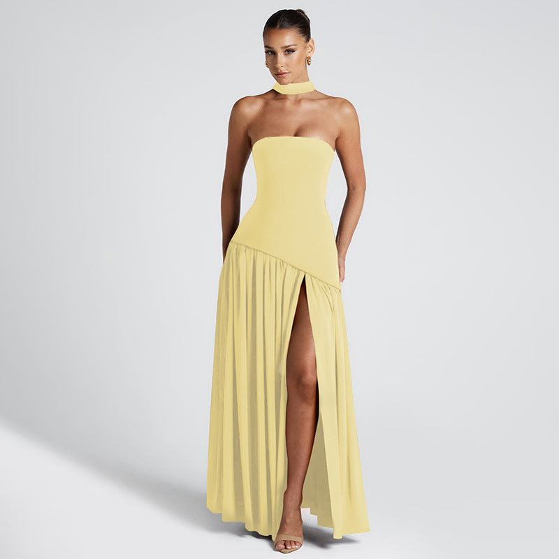 Vestido de noche elegante para mujer asimétrico con abertura – Vestido largo moderno para ocasiones especiales