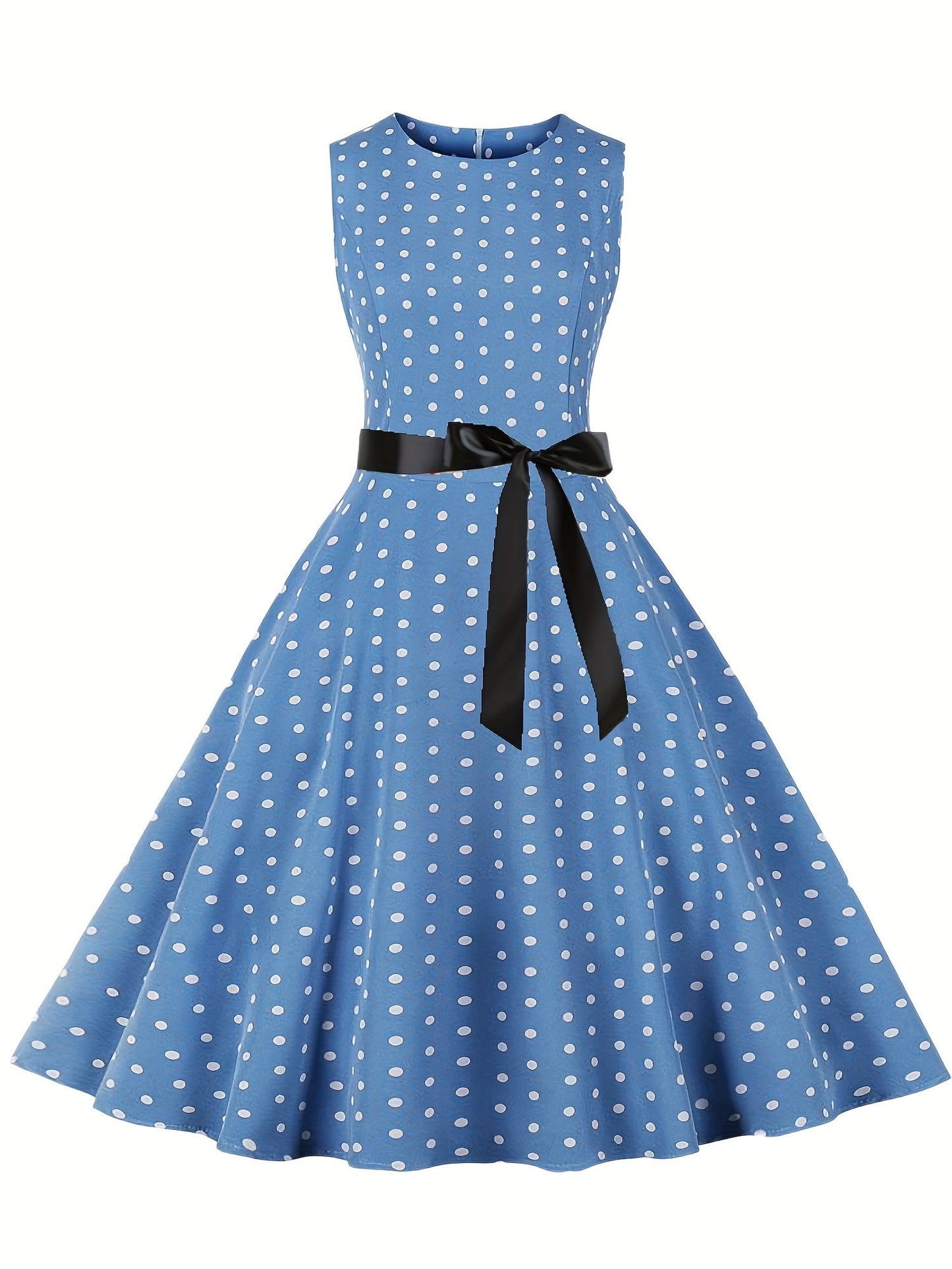 Damen Vintage Polka Dot Fit & Flare Partykleid mit Gürtel, ärmellos, Retro Sommerkleid