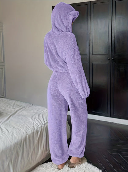 Damen Kuscheliger Fleece Pyjama Hausanzug mit Kapuze und Ohren