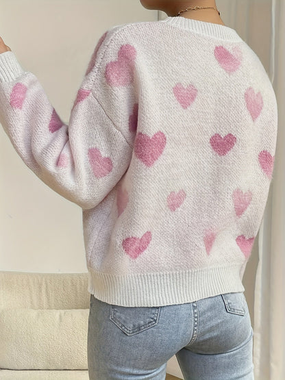 Maglione da donna lavorato a maglia, vestibilità morbida, motivo a cuore, girocollo, bianco e beige