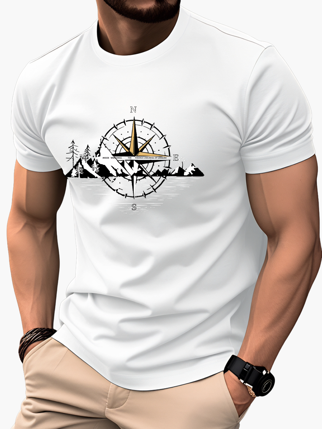 Herre T-shirt med kompas- og bjergmotiv – Outdoor eventyrstil, kortærmet, fritid
