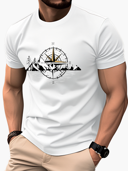 Herre T-shirt med kompas- og bjergmotiv – Outdoor eventyrstil, kortærmet, fritid