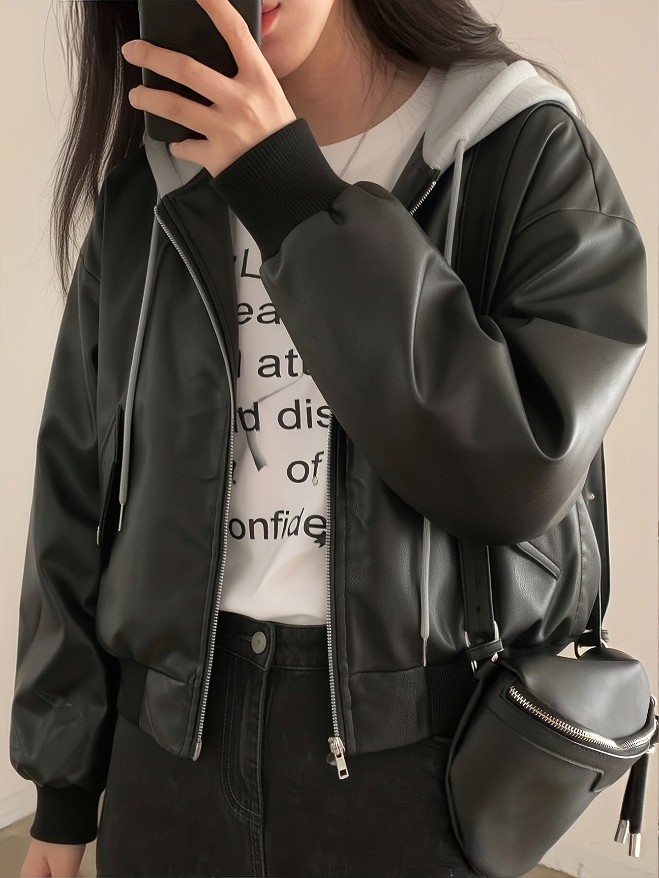 Unisex Bomberjacke Schwarz mit Kapuze Weitem Schnitt