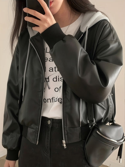 Unisex Bomberjacke Schwarz mit Kapuze Weitem Schnitt