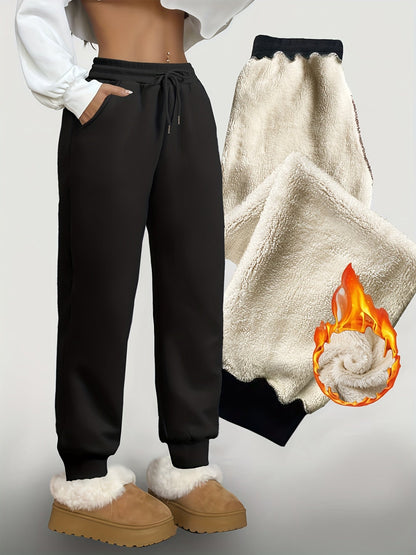 Gevoerde joggingbroek voor dames, warme vrijetijdsbroek met trekkoord
