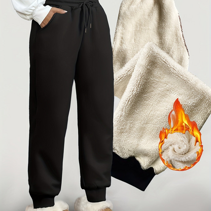 Gevoerde joggingbroek voor dames, warme vrijetijdsbroek met trekkoord