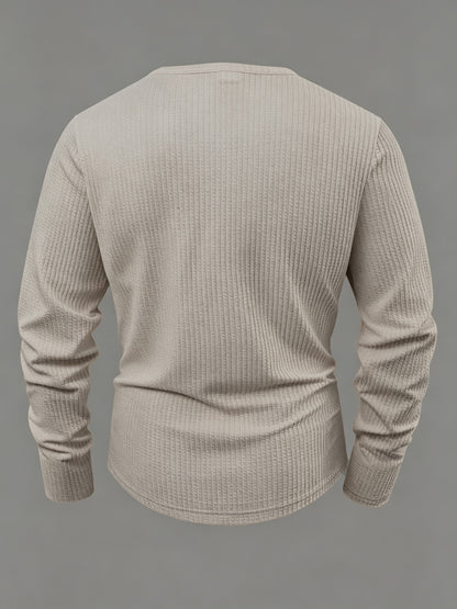 Camiseta de manga larga para hombre, de punto acanalado, con cuello Henley, informal