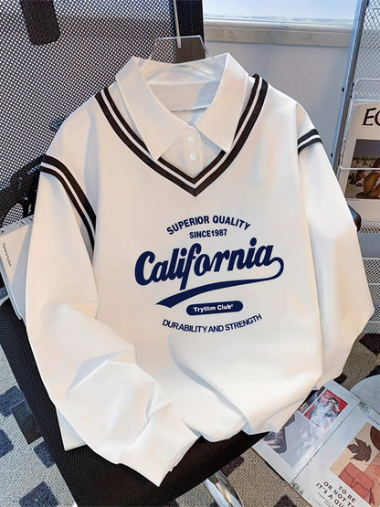 Weißer Langarm-Pullover im Lagenlook mit Kragen und California-Aufdruck
