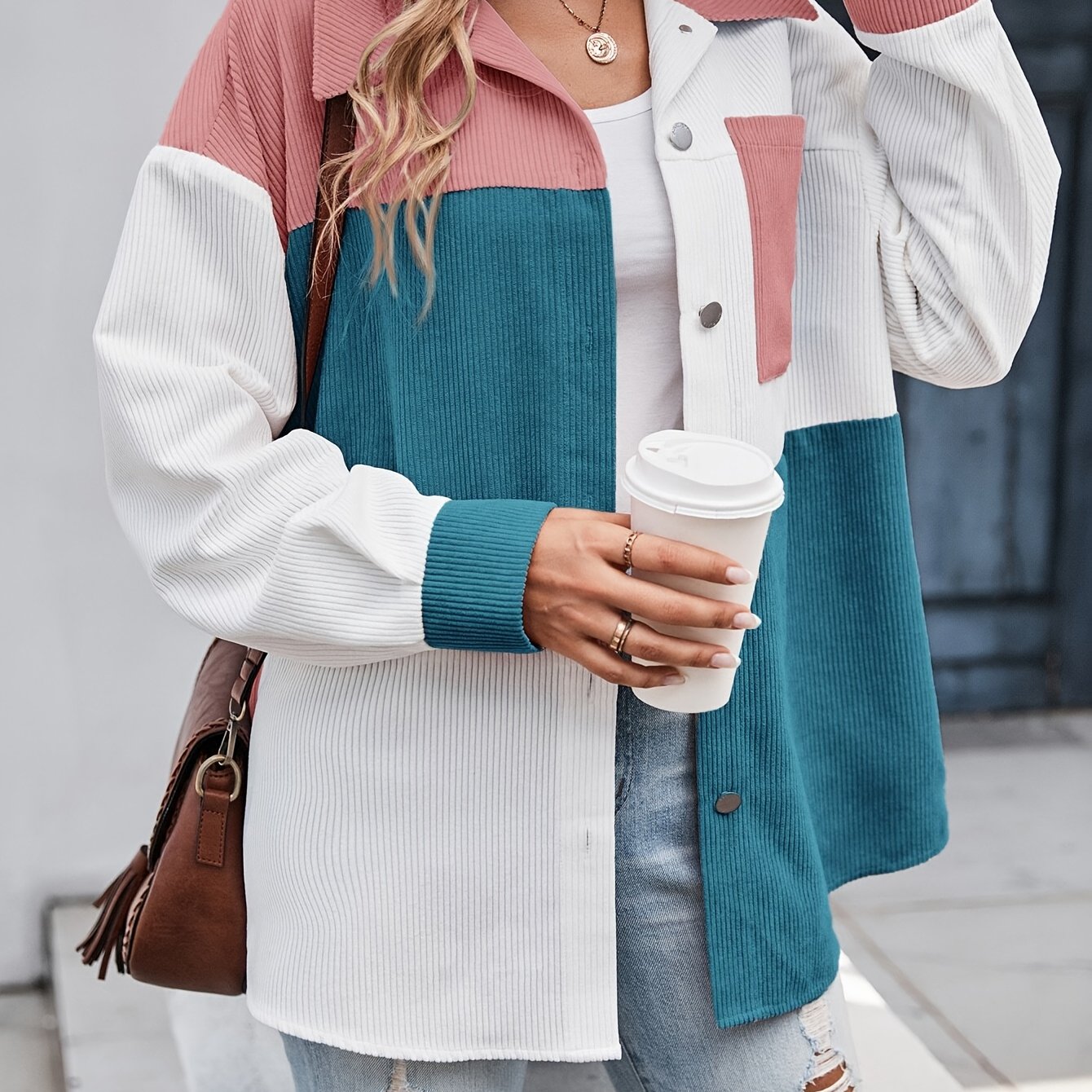 Cordhemdjacke Damen Oversized Colorblock Türkis Rosa Weiß