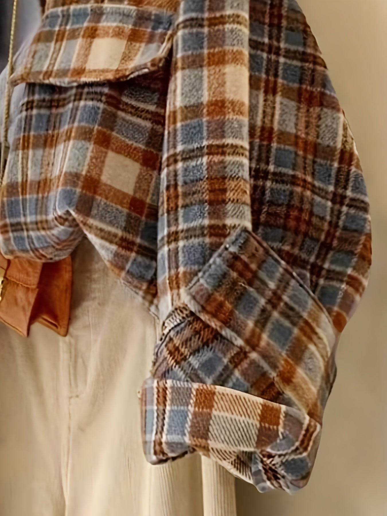Shacket oversize da donna a quadri beige, blu e marrone