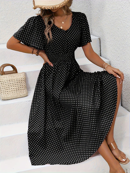 Robe décontractée à pois pour femme avec col en V et manches courtes – Élégante robe longue pour le printemps et l'été