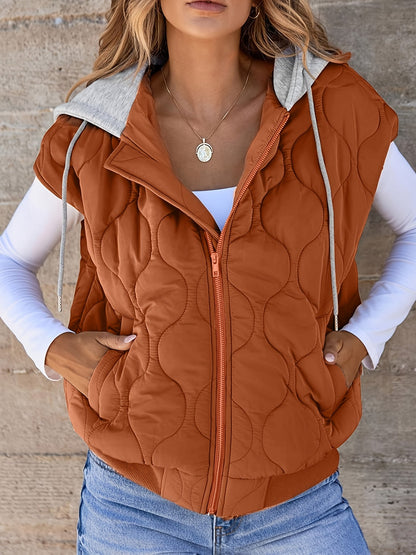 Gewatteerd damesvest met capuchon, roestbruin, mouwloos
