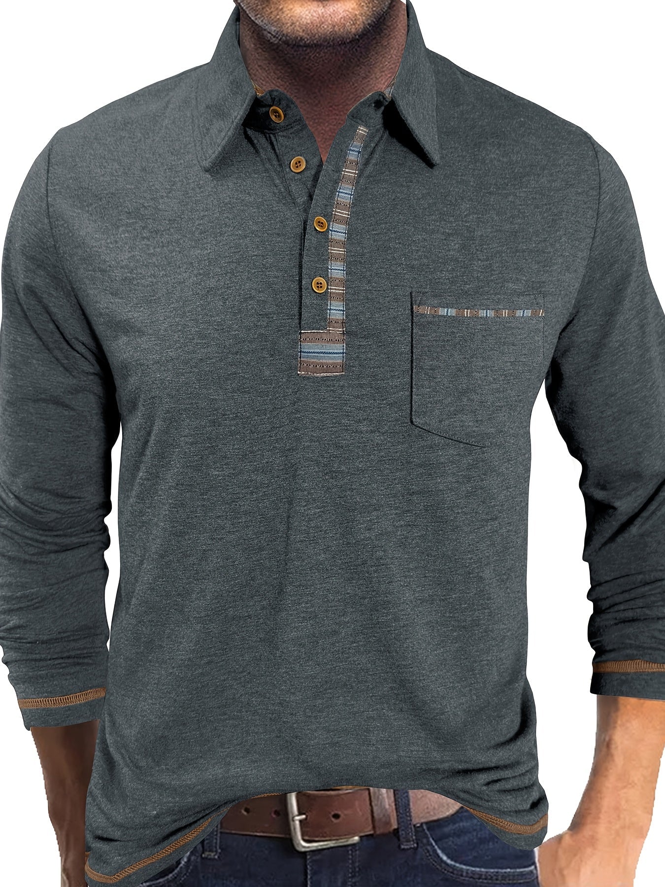 Herren Langarm Poloshirt mit Knopfleiste und Brusttasche
