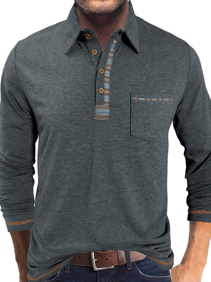 Herren Langarm Poloshirt mit Knopfleiste und Brusttasche