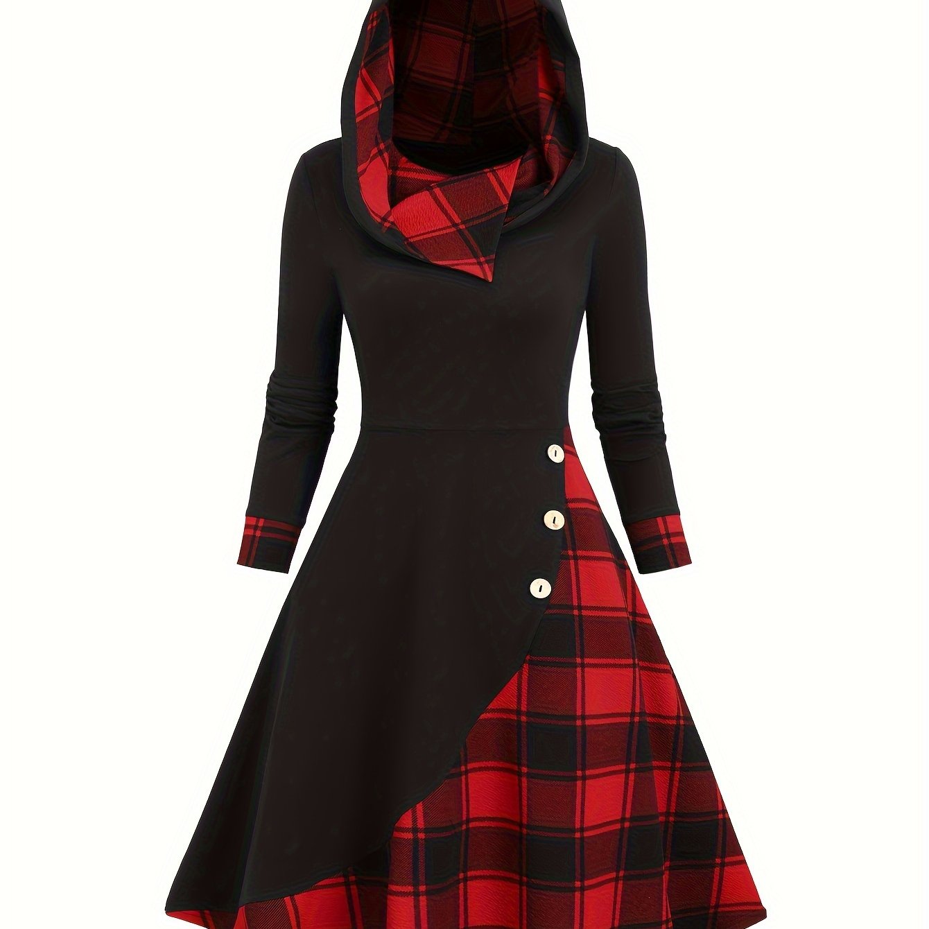 Damen Kapuzenkleid Schwarz Karomuster Langarm Midi
