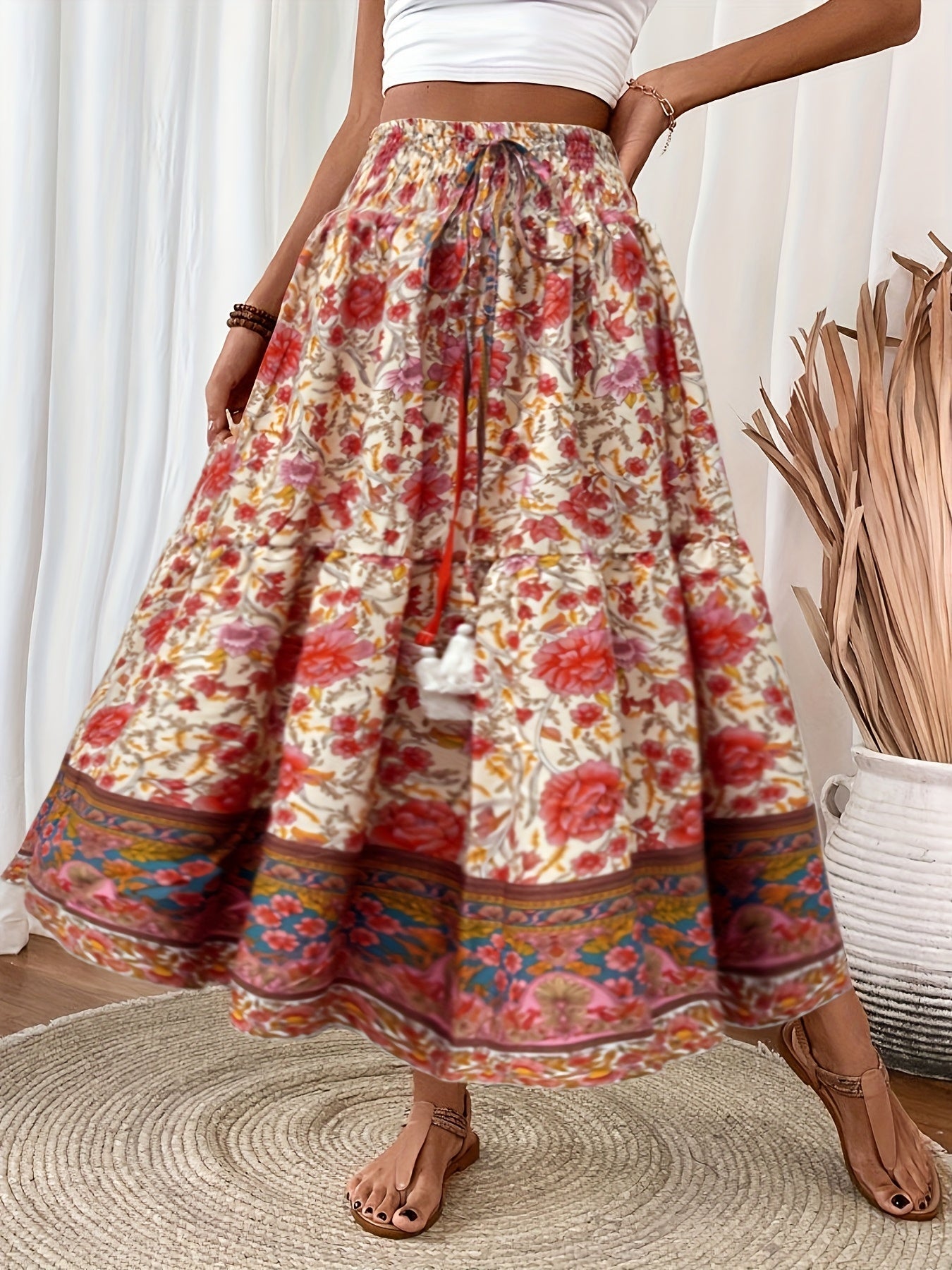 Damen Boho Maxirock mit Blumenmuster, Eleganter Sommerrock für Freizeit und Urlaub