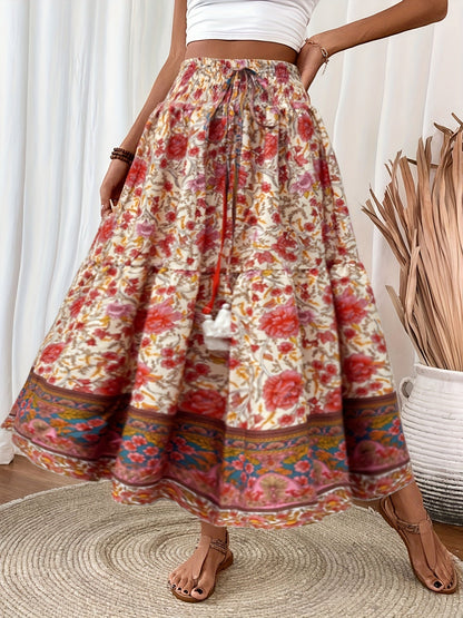 Damen Boho Maxirock mit Blumenmuster, Eleganter Sommerrock für Freizeit und Urlaub