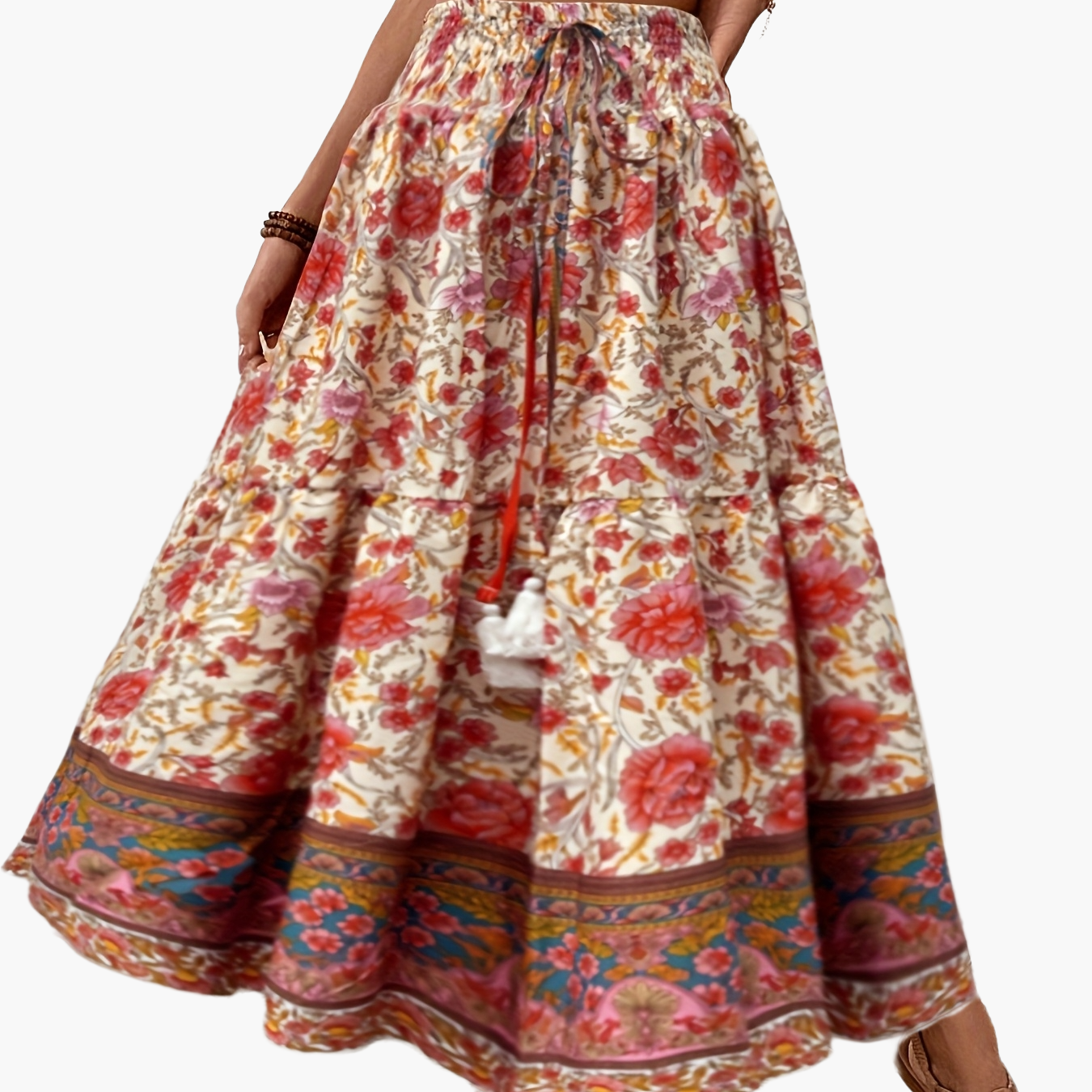Damen Boho Maxirock mit Blumenmuster, Eleganter Sommerrock für Freizeit und Urlaub