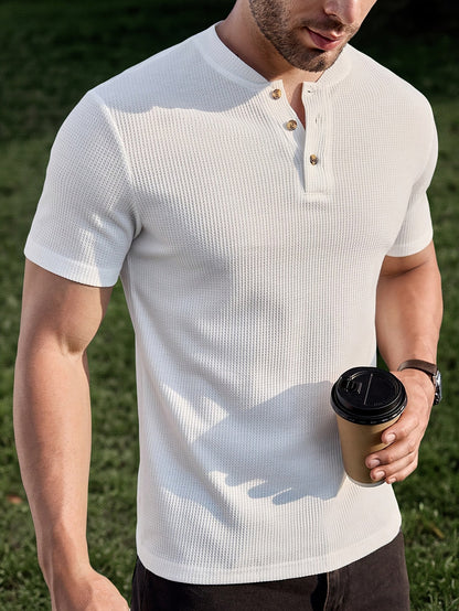 Herre kortærmet Henley-shirt med strukturmønster til stilfulde fritidslooks