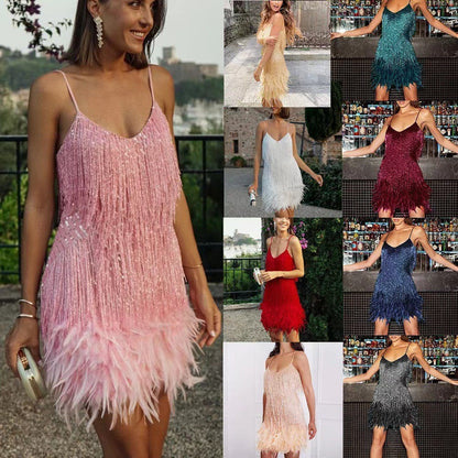 Damen Fransen Partykleid mit Pailletten und Federn – Elegantes Cocktailkleid im Charleston Stil