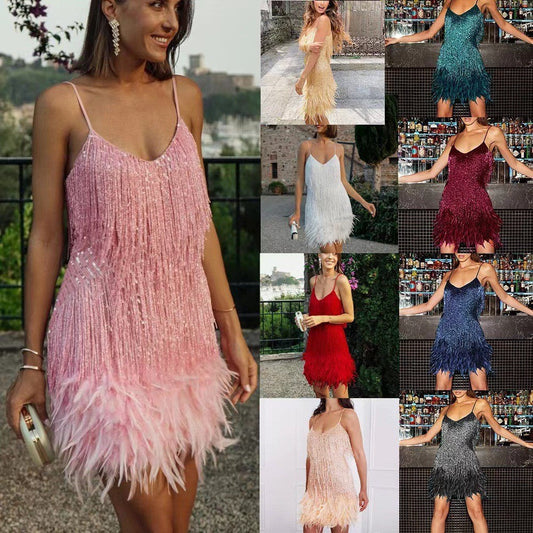 Dames Franse feestjurk met pailletten en veren – Elegante cocktailjurk in Charleston-stijl