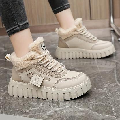 Damen Plateau Sneaker Stiefel Fütterung Schwarz Beige