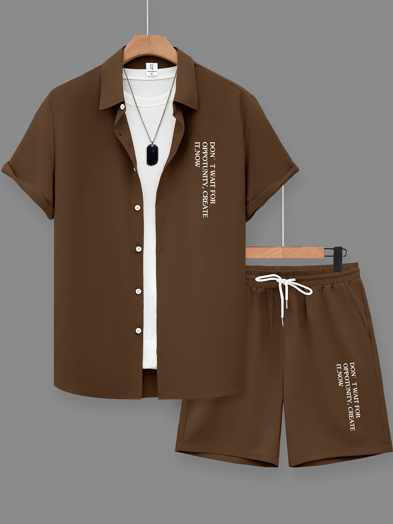 Set estivo casual uomo con stampa statement – Camicia a maniche corte & pantaloncini, streetwear urbano, outfit da tempo libero