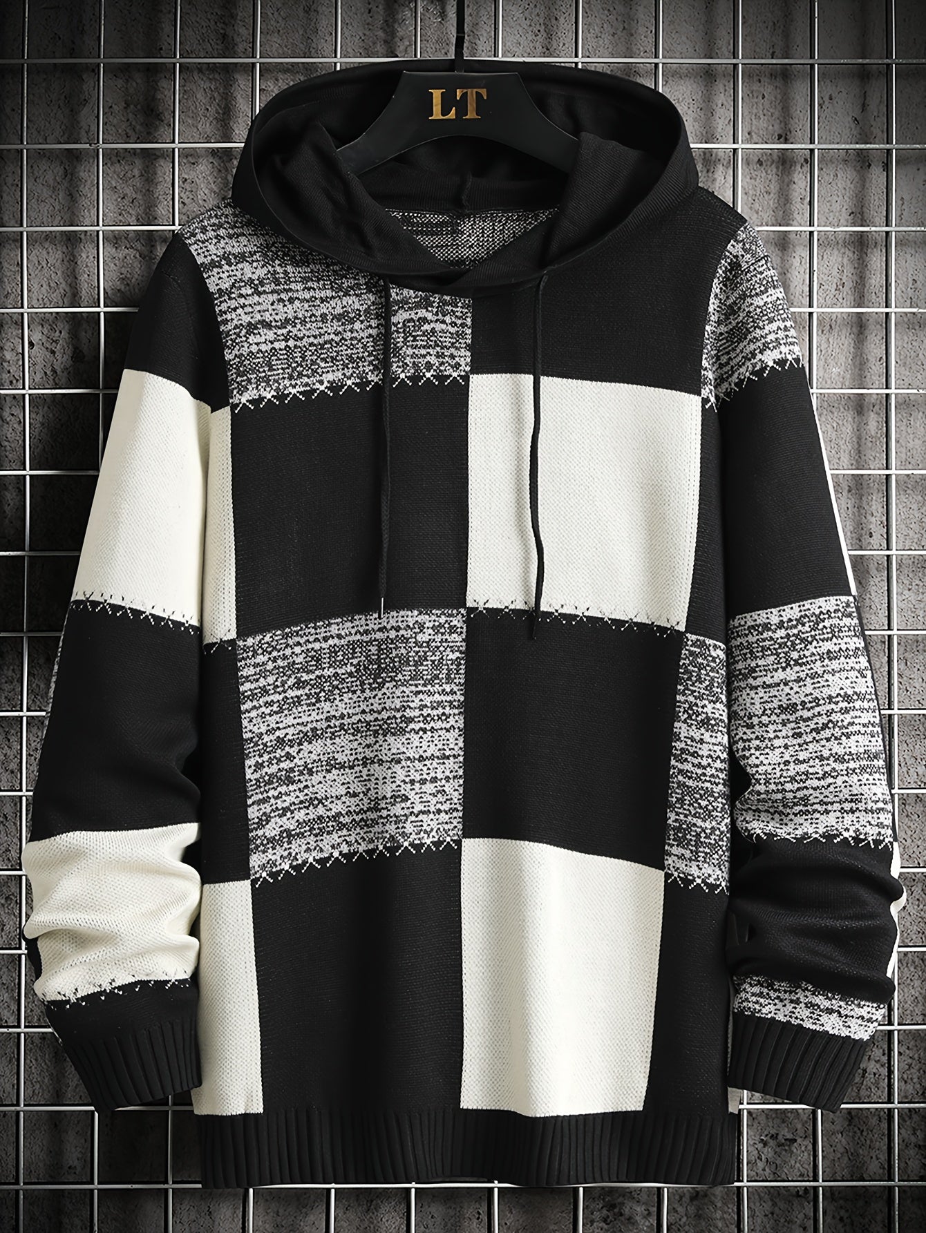 Herren Strick Hoodie Patchwork Design Langarm Herrenpullover