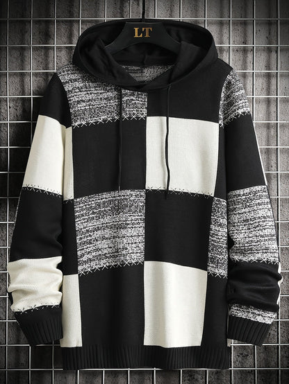 Herren Strick Hoodie Patchwork Design Langarm Herrenpullover