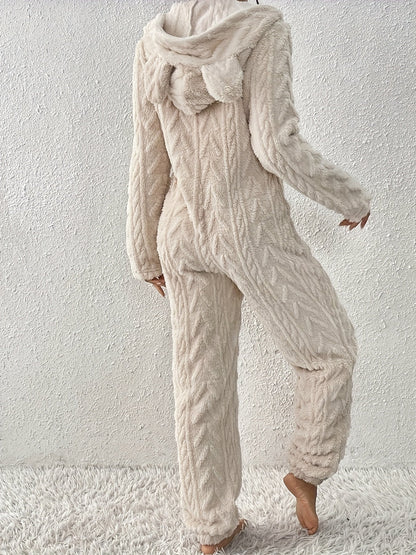Damen Loungewear Overall Plüsch mit Kapuze und Reißverschluss