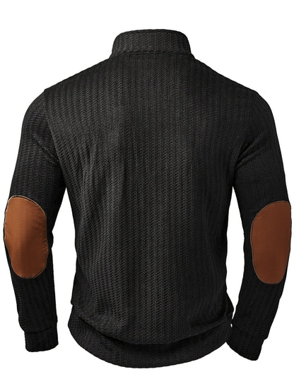 Herren Strickpullover Mock-Neck mit Knopfleiste Ellbogen-Patches Gerippt