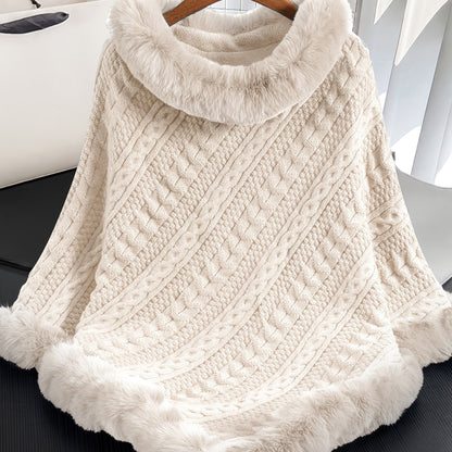 Strickponcho Damen mit Kunstfellbesatz Zopfmuster Kapuze