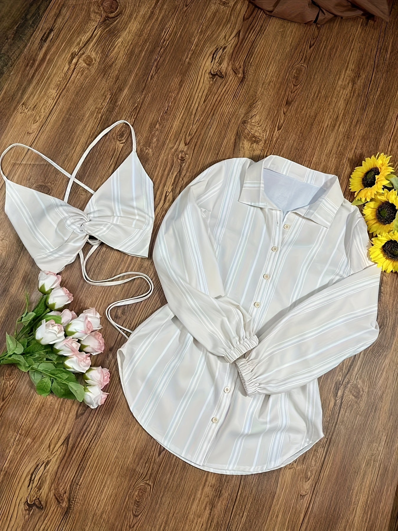 Completo donna due pezzi – Top corto a righe alla moda e gonna di jeans per estate e tempo libero